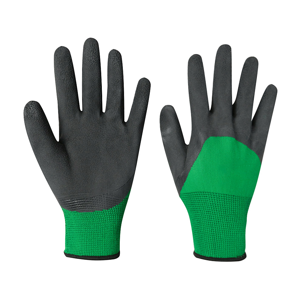 13 Gauge Green Nylon Polyester Liner Coated Black Wrinkle Latex Grip Safety Hand Gloves for Work Construction