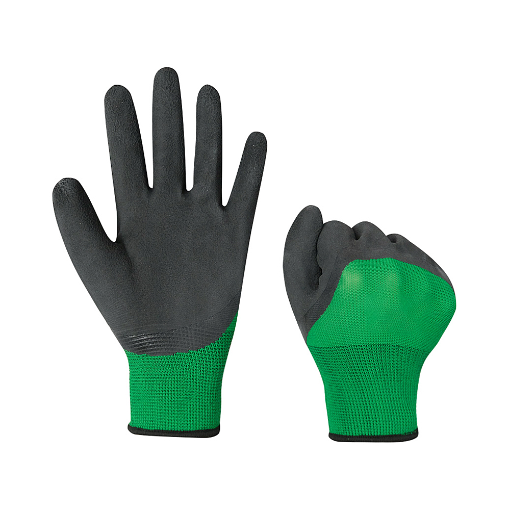 13 Gauge Green Nylon Polyester Liner Coated Black Wrinkle Latex Grip Safety Hand Gloves for Work Construction