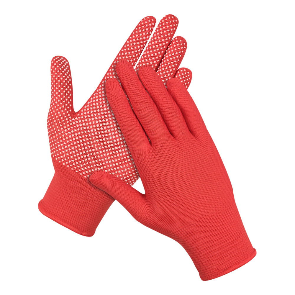 Red Nylon Knitted Working Gloves Coated with PVC Dots for Construction, Gardening, Mechanic, Warehouse, Industrial