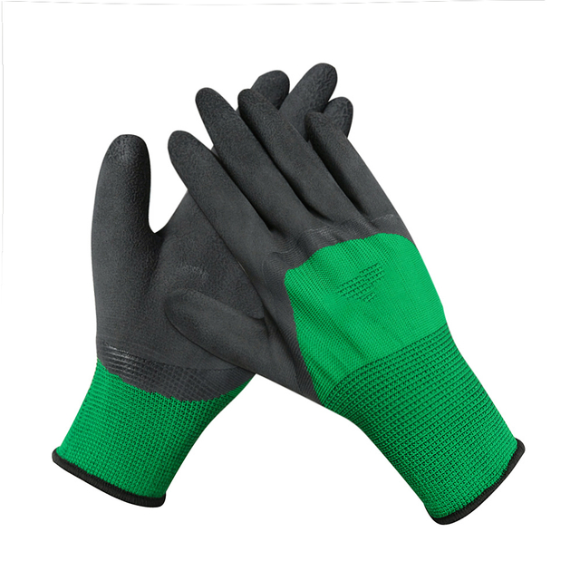 13 Gauge Green Nylon Polyester Liner Coated Black Wrinkle Latex Grip Safety Hand Gloves for Work Construction
